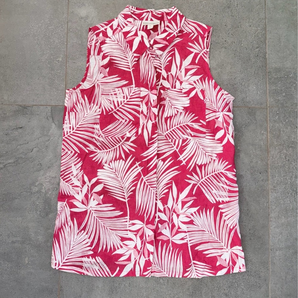 Dana‎ Buchman Sleeveless Linen Blend Top - Pink Tropical Palm Print - Size 8
